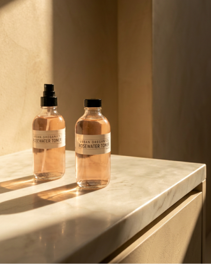 Two bottles of skincare product on a marble surface with a warm light casting shadows.
