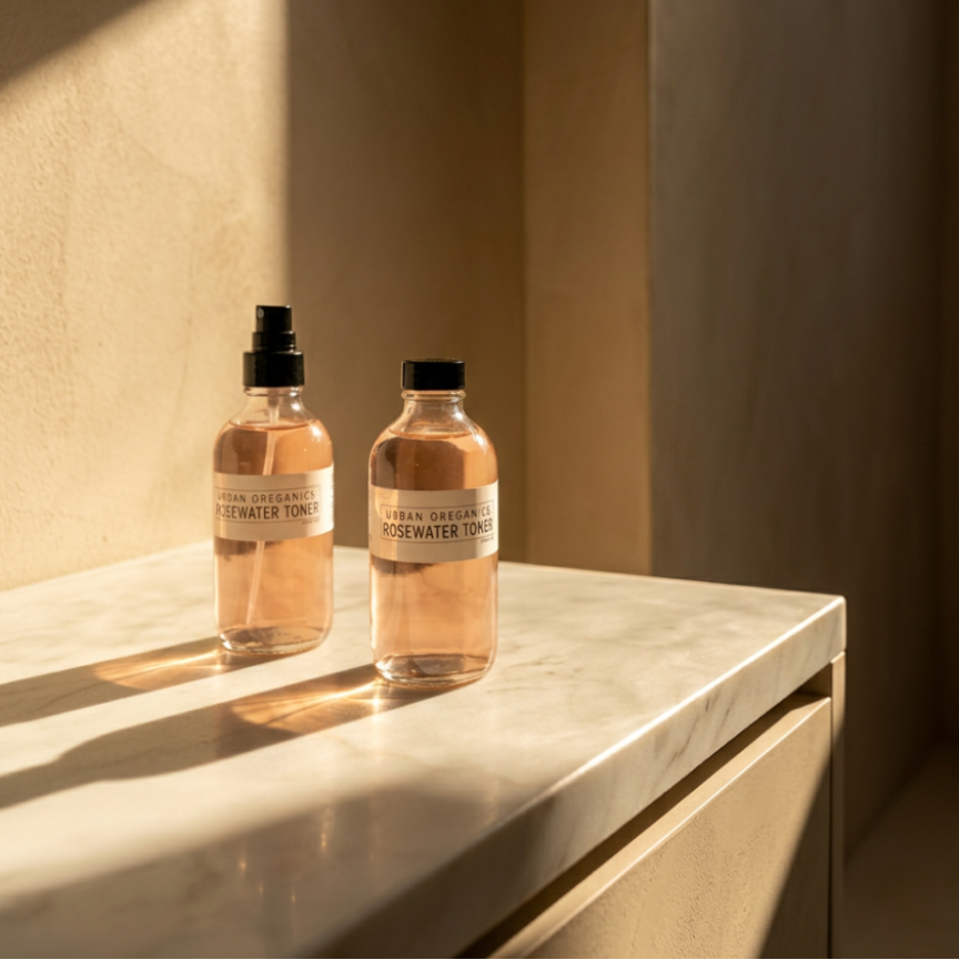 Two bottles of skincare product on a marble surface with a warm light casting shadows.