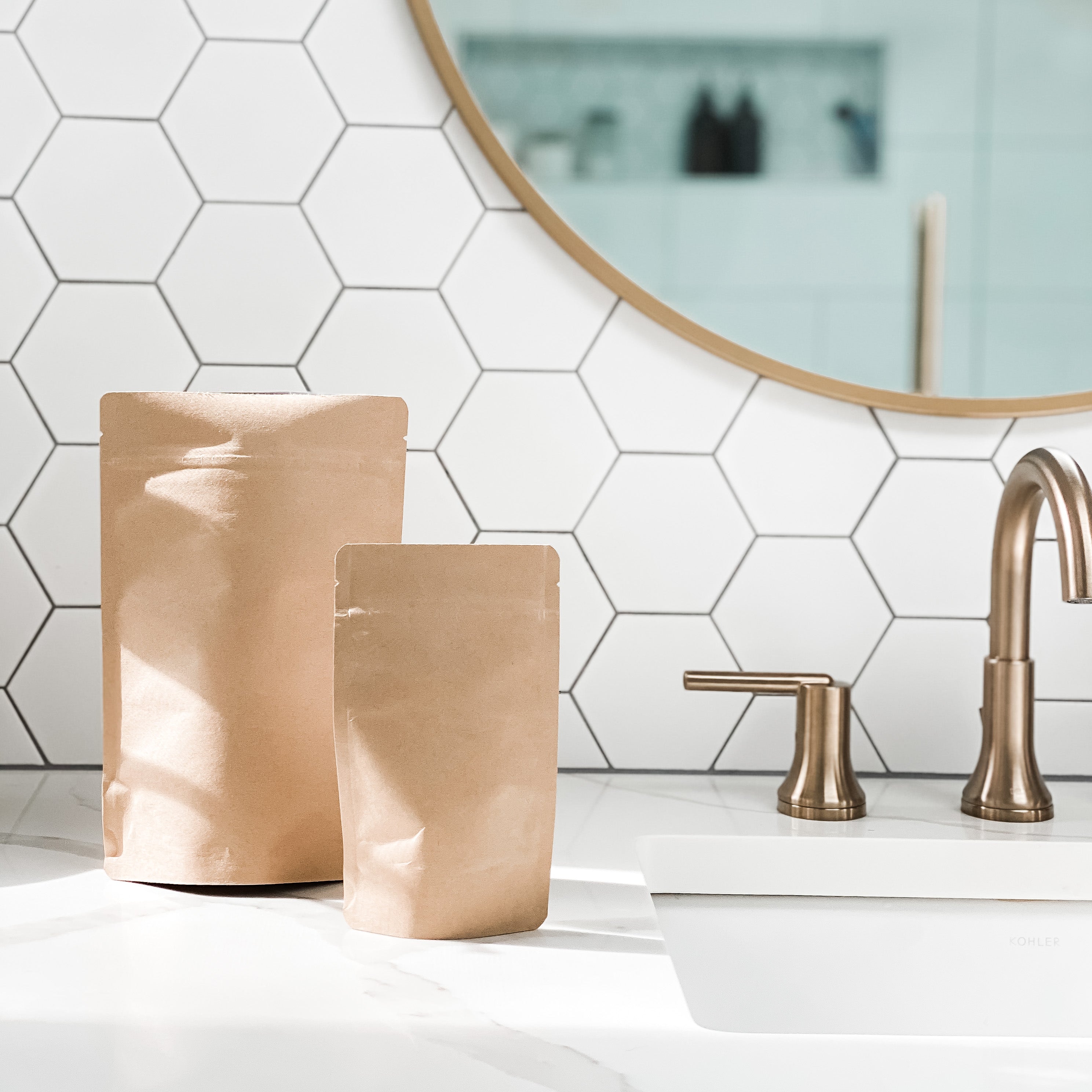Compostable refill pouches on bathroom counter
