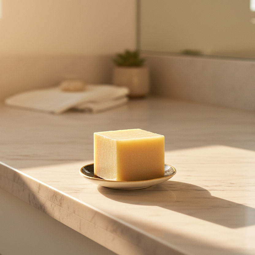 Square bar of lotion on a plate with a blurred bathroom background